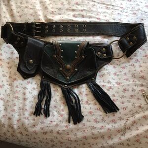 Black and Green Leather Belt with Fringe